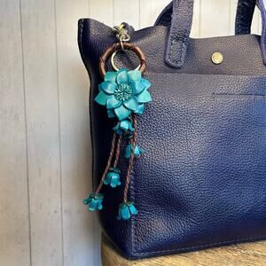 Leather Blue Flower Purse Charm Genuine Leather Bag Charm NEW FAST SHIP